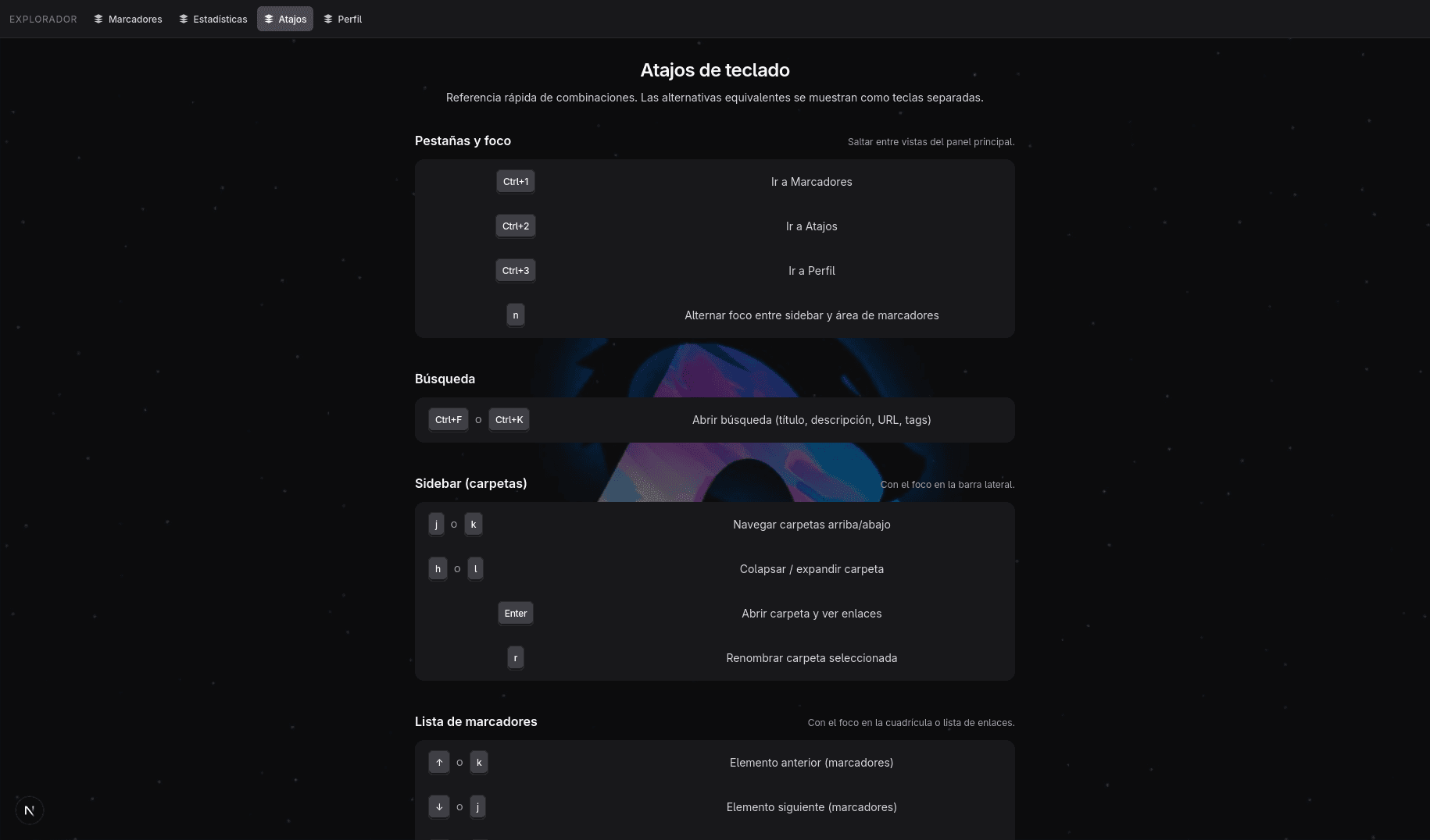 Vista de Atajos de teclado para navegar y gestionar la biblioteca